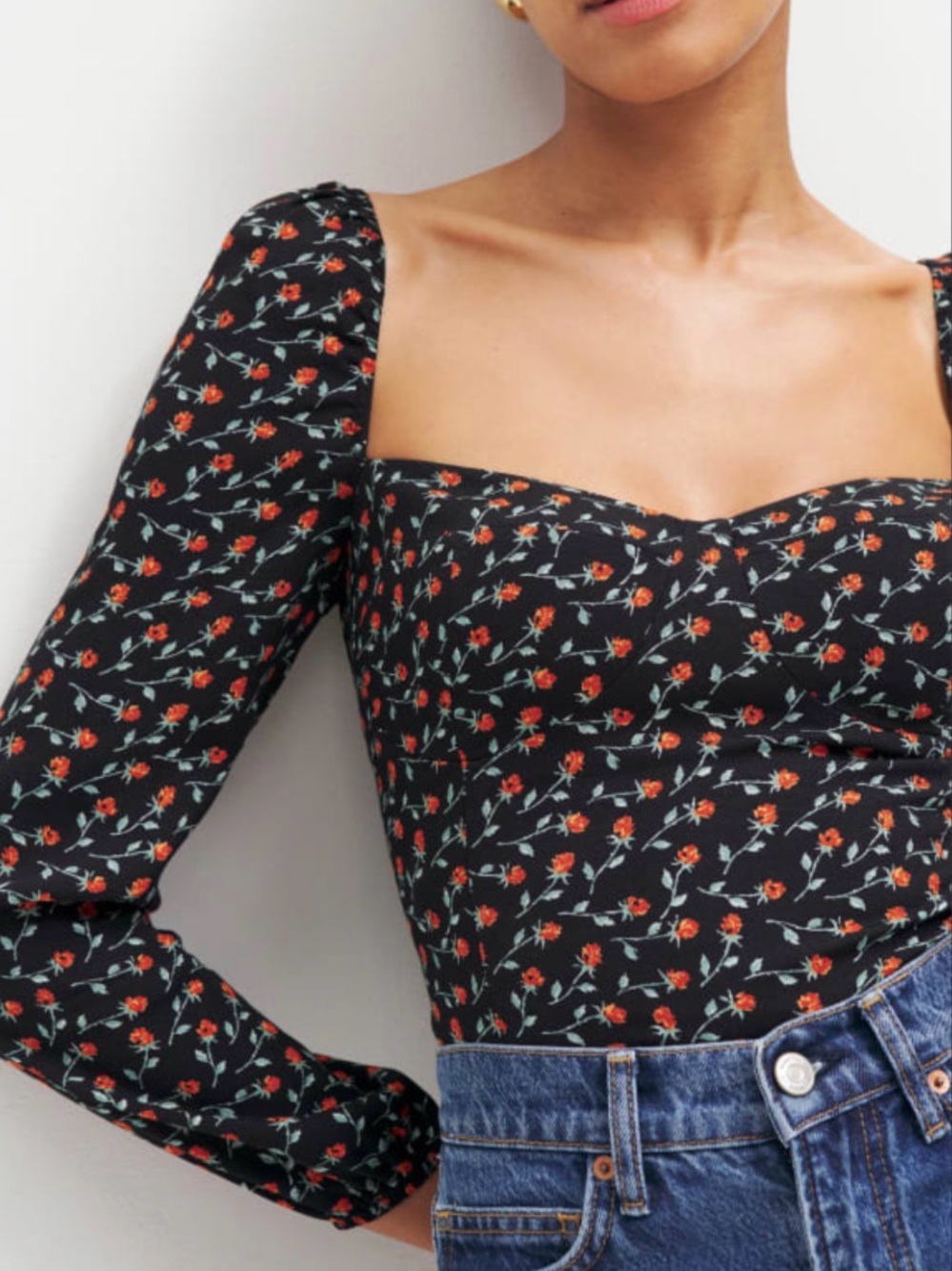 Reformation Reign Black Long Sleeve Blouse with Floral Print, Size 2